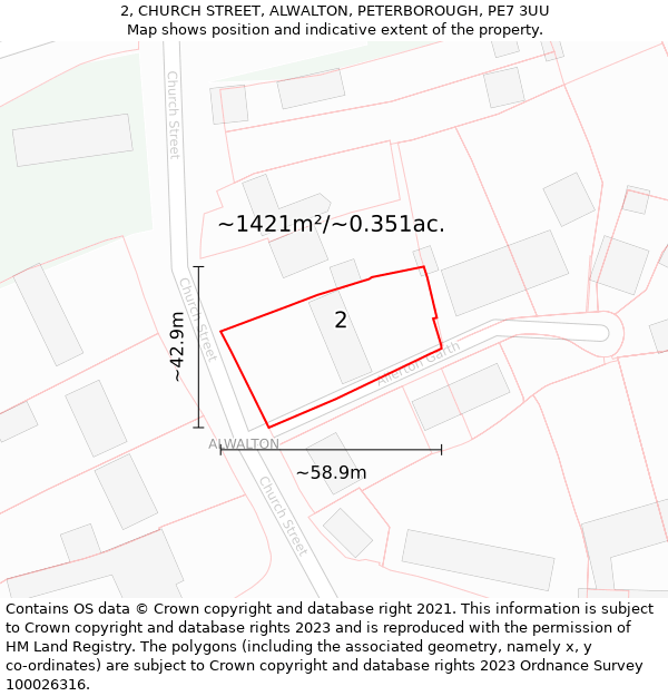 2, CHURCH STREET, ALWALTON, PETERBOROUGH, PE7 3UU: Plot and title map