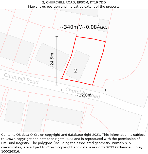 2, CHURCHILL ROAD, EPSOM, KT19 7DD: Plot and title map