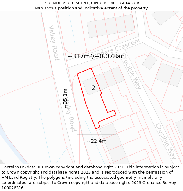 2, CINDERS CRESCENT, CINDERFORD, GL14 2GB: Plot and title map