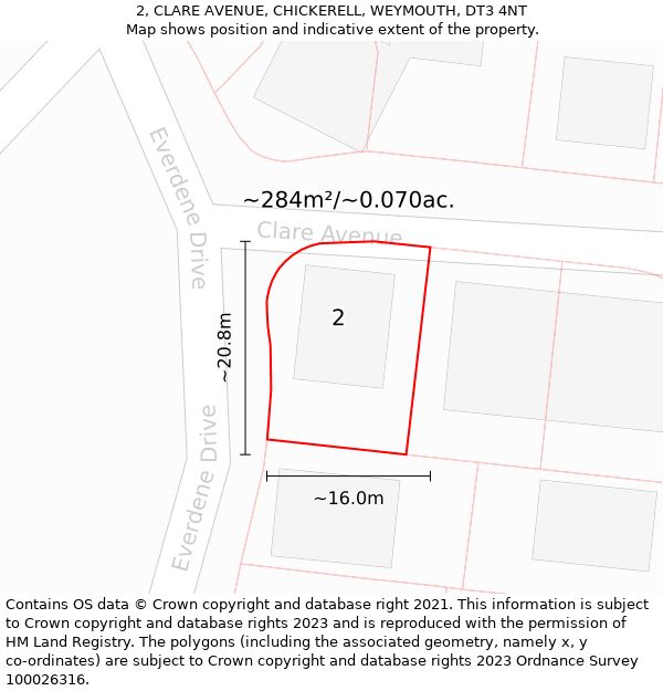 2, CLARE AVENUE, CHICKERELL, WEYMOUTH, DT3 4NT: Plot and title map