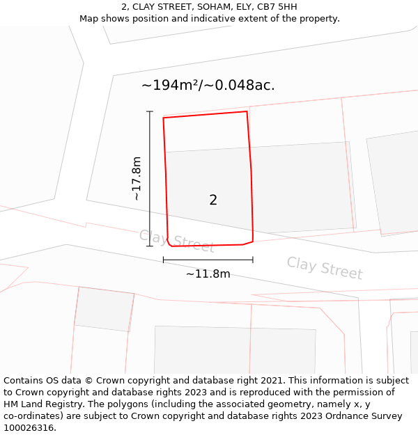 2, CLAY STREET, SOHAM, ELY, CB7 5HH: Plot and title map