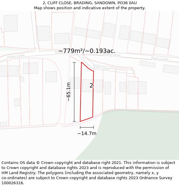 2, CLIFF CLOSE, BRADING, SANDOWN, PO36 0AU: Plot and title map