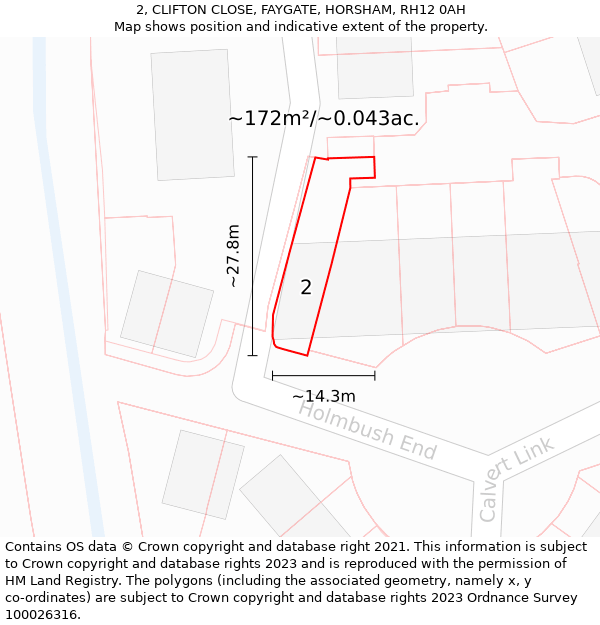 2, CLIFTON CLOSE, FAYGATE, HORSHAM, RH12 0AH: Plot and title map