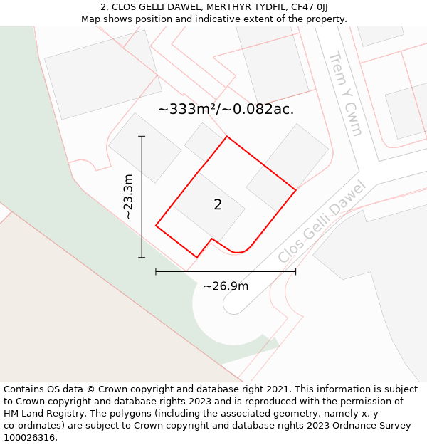 2, CLOS GELLI DAWEL, MERTHYR TYDFIL, CF47 0JJ: Plot and title map