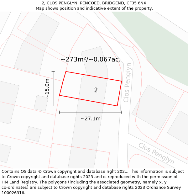 2, CLOS PENGLYN, PENCOED, BRIDGEND, CF35 6NX: Plot and title map