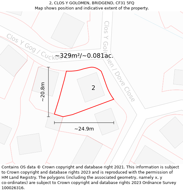 2, CLOS Y GOLOMEN, BRIDGEND, CF31 5FQ: Plot and title map