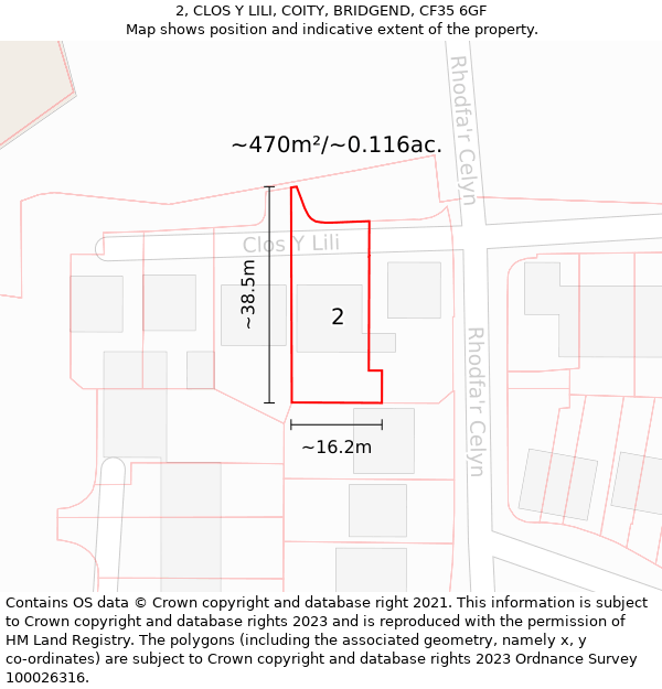 2, CLOS Y LILI, COITY, BRIDGEND, CF35 6GF: Plot and title map