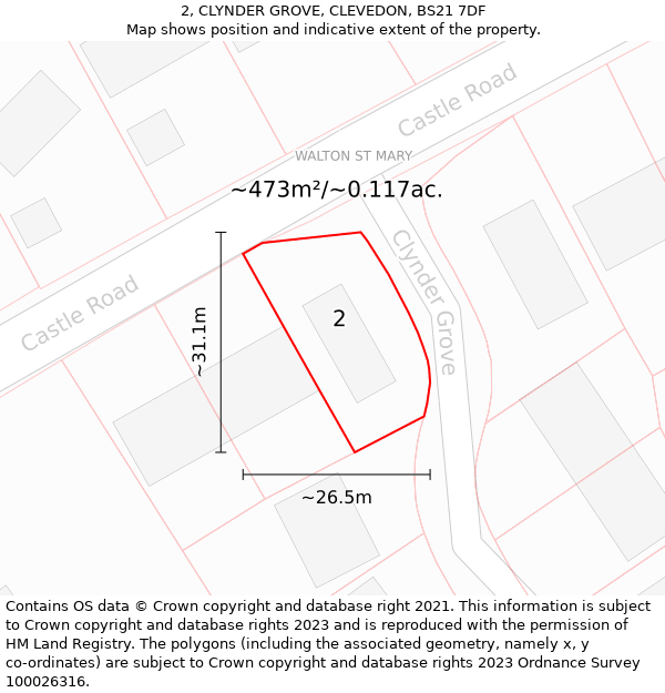 2, CLYNDER GROVE, CLEVEDON, BS21 7DF: Plot and title map