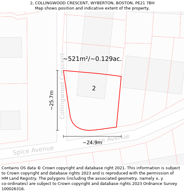 2, COLLINGWOOD CRESCENT, WYBERTON, BOSTON, PE21 7BH: Plot and title map