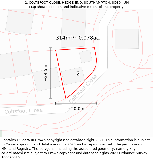 2, COLTSFOOT CLOSE, HEDGE END, SOUTHAMPTON, SO30 4UN: Plot and title map