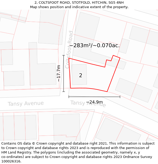 2, COLTSFOOT ROAD, STOTFOLD, HITCHIN, SG5 4NH: Plot and title map