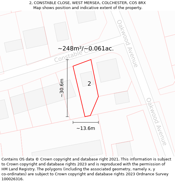 2, CONSTABLE CLOSE, WEST MERSEA, COLCHESTER, CO5 8RX: Plot and title map