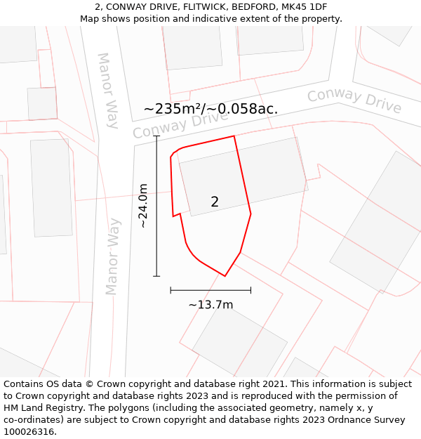 2, CONWAY DRIVE, FLITWICK, BEDFORD, MK45 1DF: Plot and title map