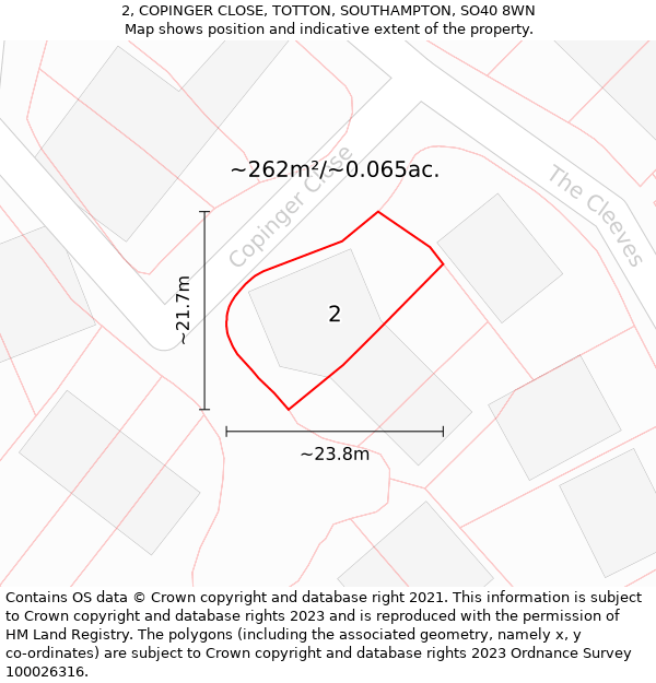 2, COPINGER CLOSE, TOTTON, SOUTHAMPTON, SO40 8WN: Plot and title map