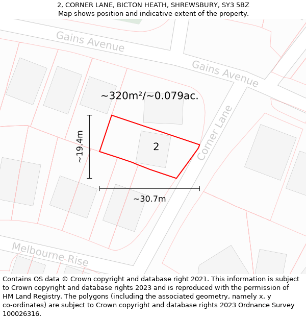 2, CORNER LANE, BICTON HEATH, SHREWSBURY, SY3 5BZ: Plot and title map