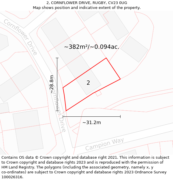 2, CORNFLOWER DRIVE, RUGBY, CV23 0UG: Plot and title map