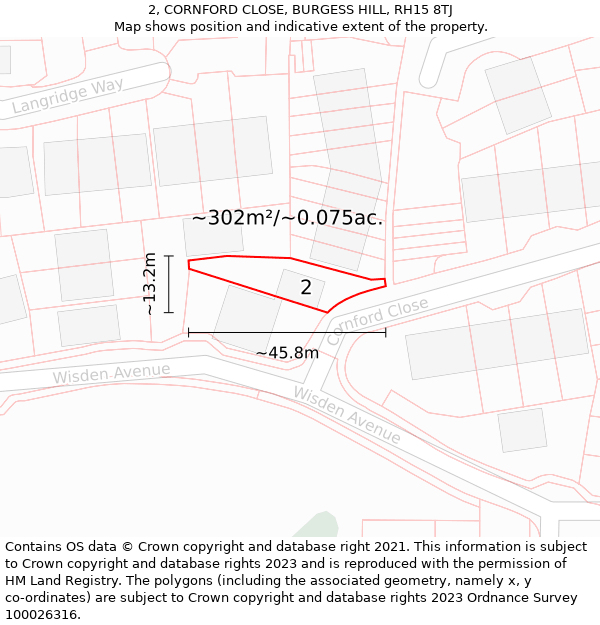 2, CORNFORD CLOSE, BURGESS HILL, RH15 8TJ: Plot and title map