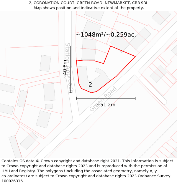 2, CORONATION COURT, GREEN ROAD, NEWMARKET, CB8 9BL: Plot and title map