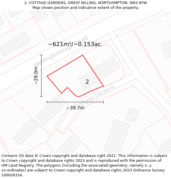 2, COTTAGE GARDENS, GREAT BILLING, NORTHAMPTON, NN3 9YW: Plot and title map