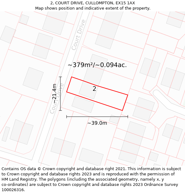 2, COURT DRIVE, CULLOMPTON, EX15 1AX: Plot and title map