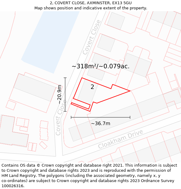 2, COVERT CLOSE, AXMINSTER, EX13 5GU: Plot and title map