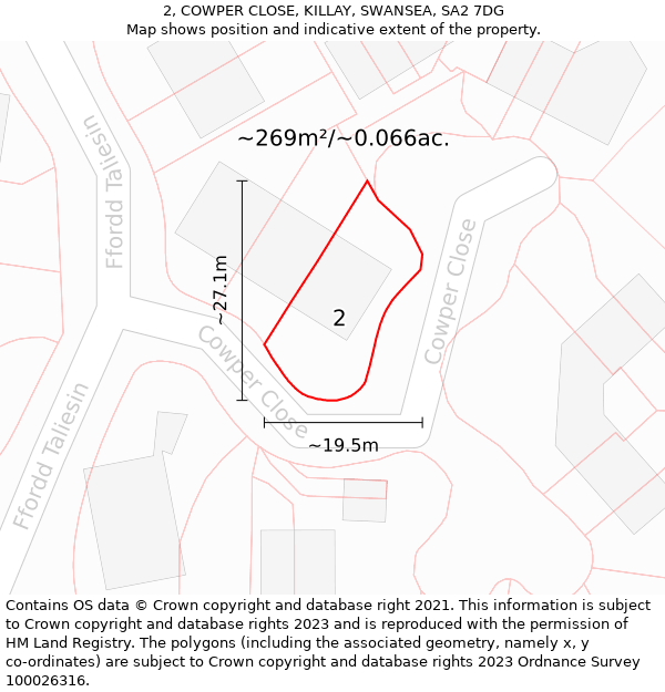 2, COWPER CLOSE, KILLAY, SWANSEA, SA2 7DG: Plot and title map