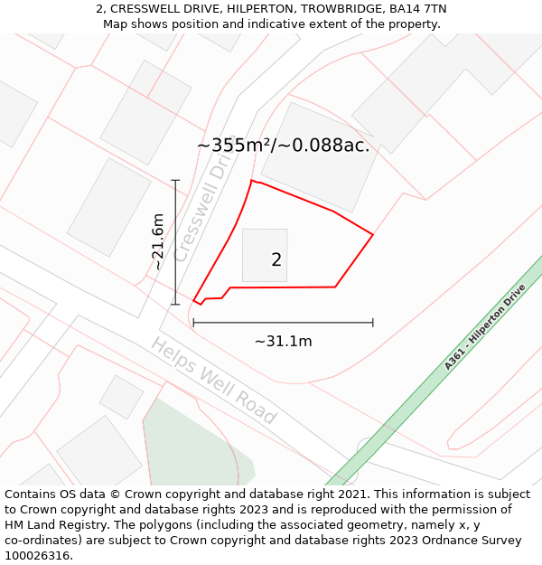 2, CRESSWELL DRIVE, HILPERTON, TROWBRIDGE, BA14 7TN: Plot and title map