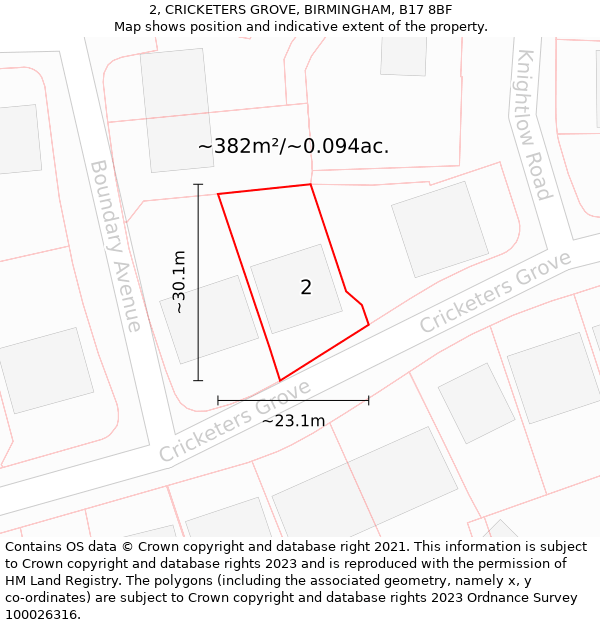 2, CRICKETERS GROVE, BIRMINGHAM, B17 8BF: Plot and title map