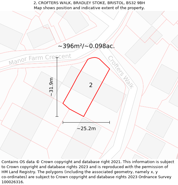 2, CROFTERS WALK, BRADLEY STOKE, BRISTOL, BS32 9BH: Plot and title map