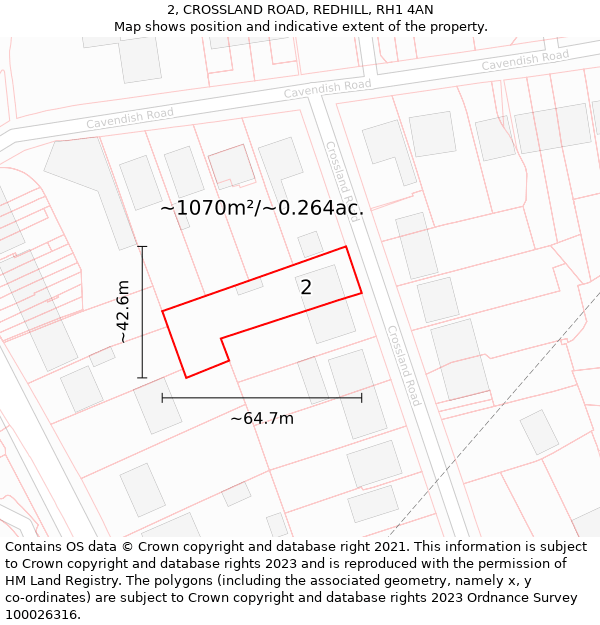 2, CROSSLAND ROAD, REDHILL, RH1 4AN: Plot and title map