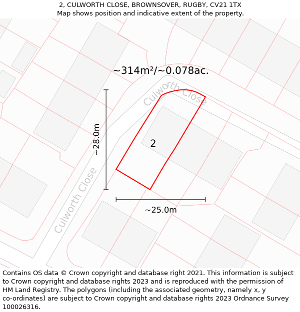 2, CULWORTH CLOSE, BROWNSOVER, RUGBY, CV21 1TX: Plot and title map