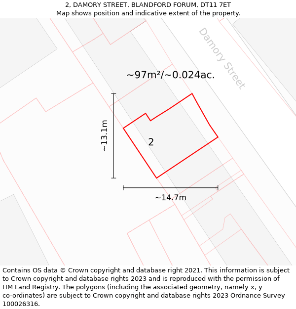 2, DAMORY STREET, BLANDFORD FORUM, DT11 7ET: Plot and title map