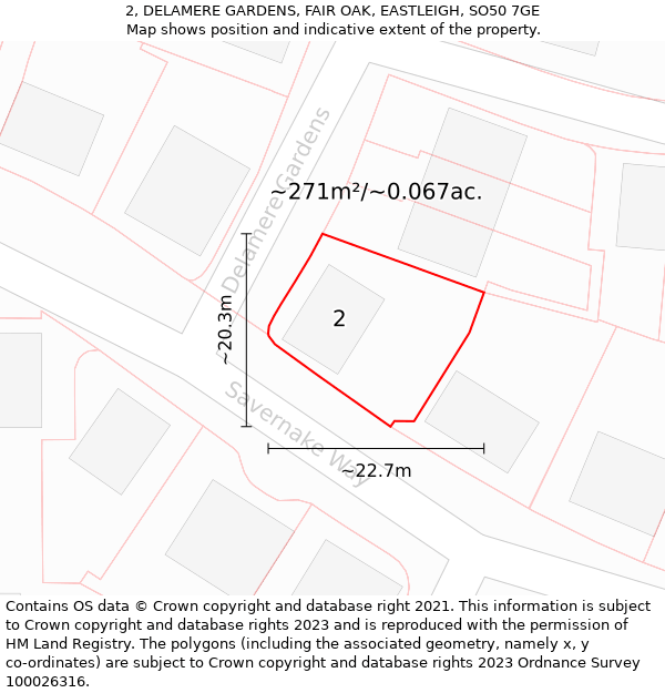 2, DELAMERE GARDENS, FAIR OAK, EASTLEIGH, SO50 7GE: Plot and title map