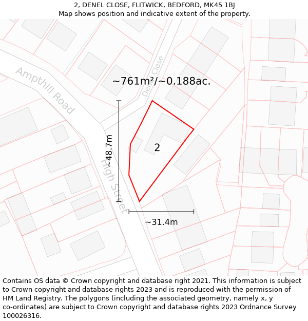 2, DENEL CLOSE, FLITWICK, BEDFORD, MK45 1BJ: Plot and title map