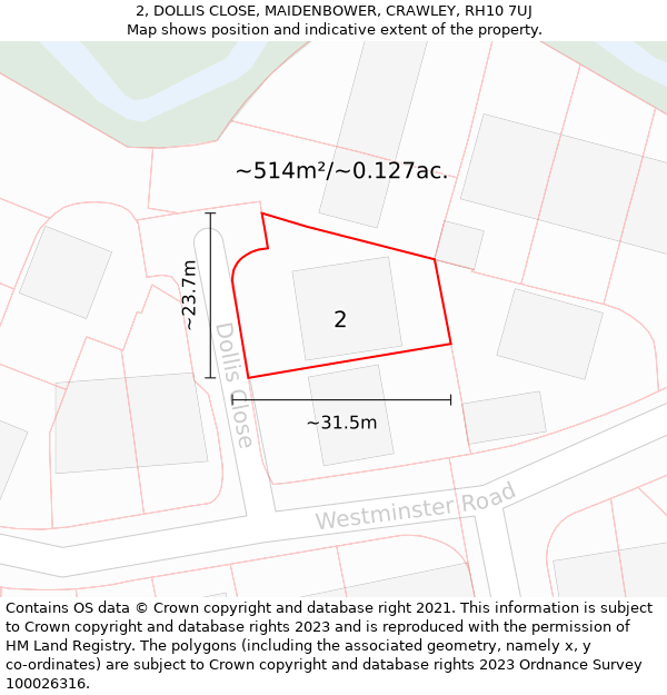 2, DOLLIS CLOSE, MAIDENBOWER, CRAWLEY, RH10 7UJ: Plot and title map