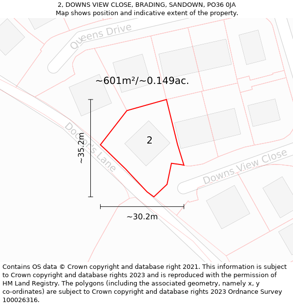 2, DOWNS VIEW CLOSE, BRADING, SANDOWN, PO36 0JA: Plot and title map