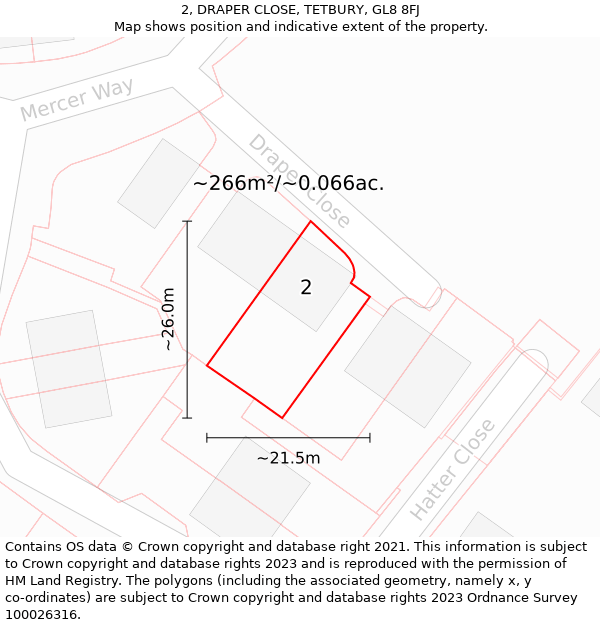 2, DRAPER CLOSE, TETBURY, GL8 8FJ: Plot and title map