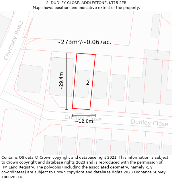 2, DUDLEY CLOSE, ADDLESTONE, KT15 2EB: Plot and title map