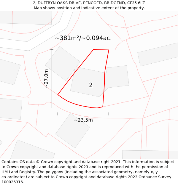 2, DUFFRYN OAKS DRIVE, PENCOED, BRIDGEND, CF35 6LZ: Plot and title map