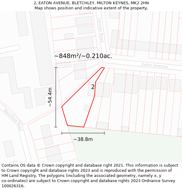 2, EATON AVENUE, BLETCHLEY, MILTON KEYNES, MK2 2HN: Plot and title map