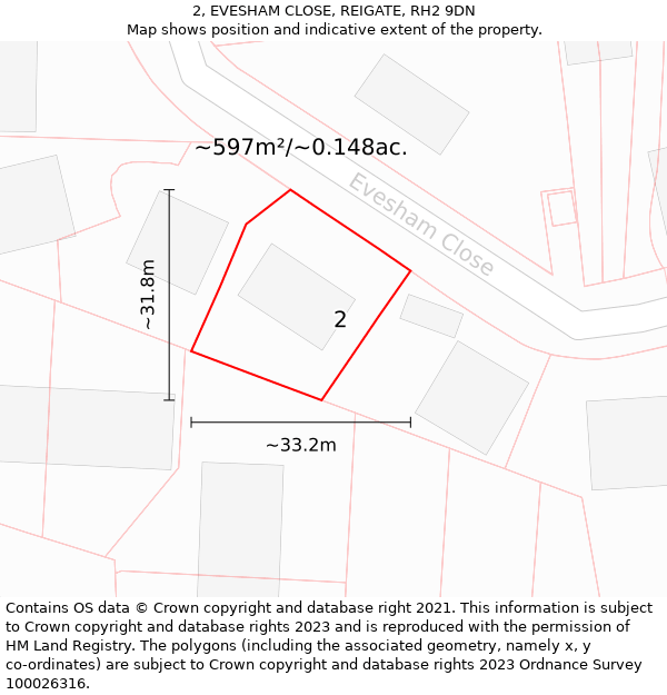 2, EVESHAM CLOSE, REIGATE, RH2 9DN: Plot and title map