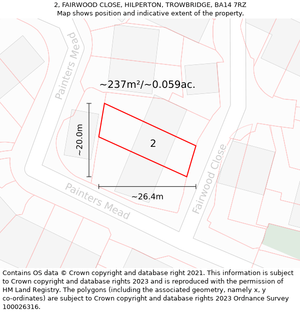 2, FAIRWOOD CLOSE, HILPERTON, TROWBRIDGE, BA14 7RZ: Plot and title map