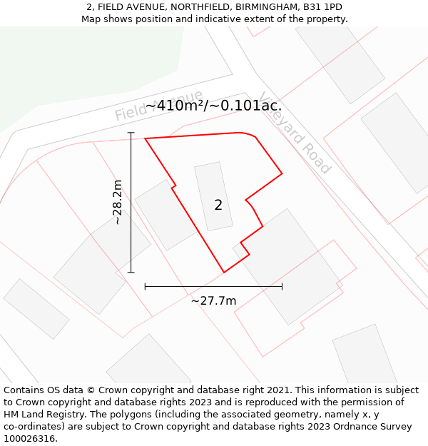 2, FIELD AVENUE, NORTHFIELD, BIRMINGHAM, B31 1PD: Plot and title map