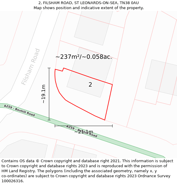 2, FILSHAM ROAD, ST LEONARDS-ON-SEA, TN38 0AU: Plot and title map