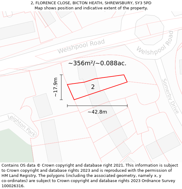 2, FLORENCE CLOSE, BICTON HEATH, SHREWSBURY, SY3 5PD: Plot and title map