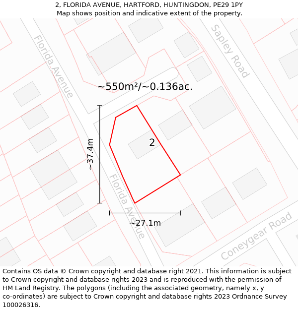 2, FLORIDA AVENUE, HARTFORD, HUNTINGDON, PE29 1PY: Plot and title map