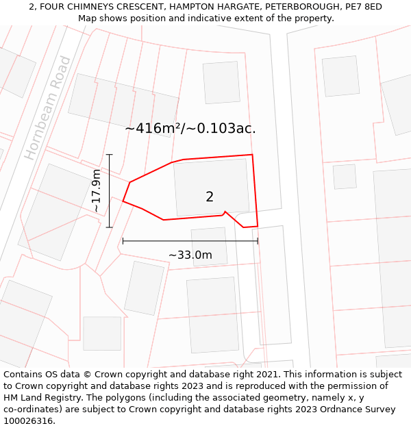 2, FOUR CHIMNEYS CRESCENT, HAMPTON HARGATE, PETERBOROUGH, PE7 8ED: Plot and title map