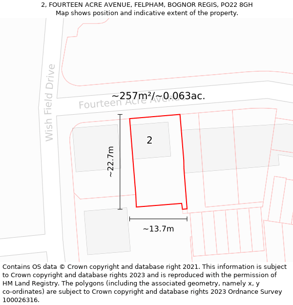 2, FOURTEEN ACRE AVENUE, FELPHAM, BOGNOR REGIS, PO22 8GH: Plot and title map