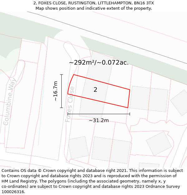 2, FOXES CLOSE, RUSTINGTON, LITTLEHAMPTON, BN16 3TX: Plot and title map