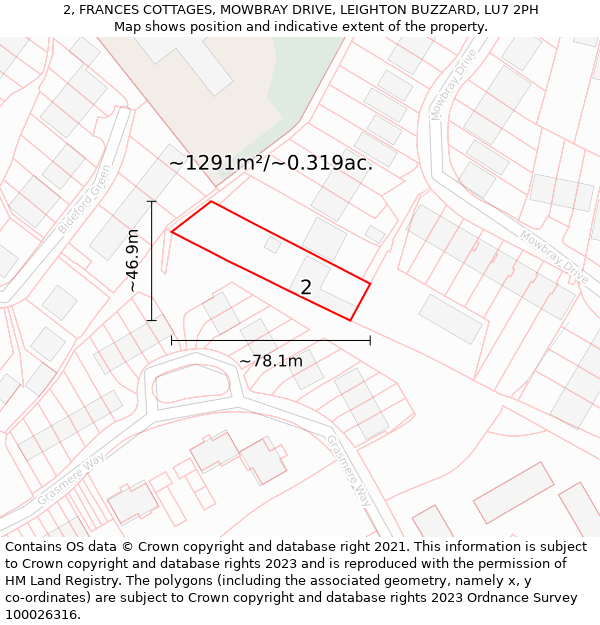 2, FRANCES COTTAGES, MOWBRAY DRIVE, LEIGHTON BUZZARD, LU7 2PH: Plot and title map